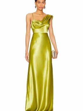 House of Harlow 1960 Olive Green Satin One-Shoulder Maxi Dress